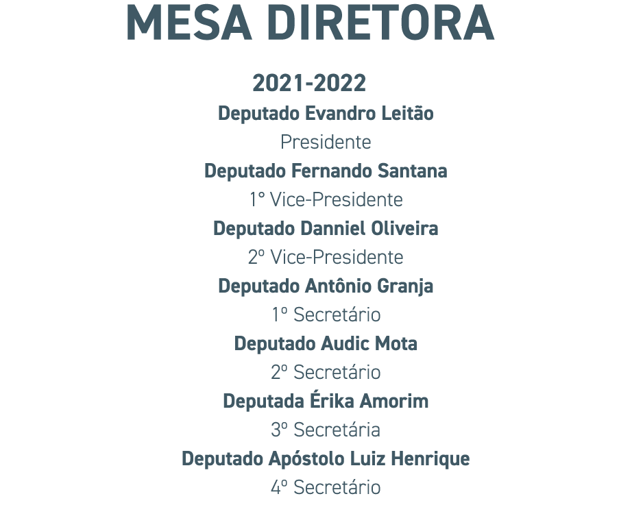 MESA DIRETORA 2021-2022 Deputado Evandro Leit o Presidente Deputado Fernando Santana 1Â° Vice-Presidente Deputado Dann...