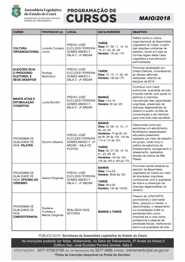 Programação completa dos cursos a serem realizados em maio