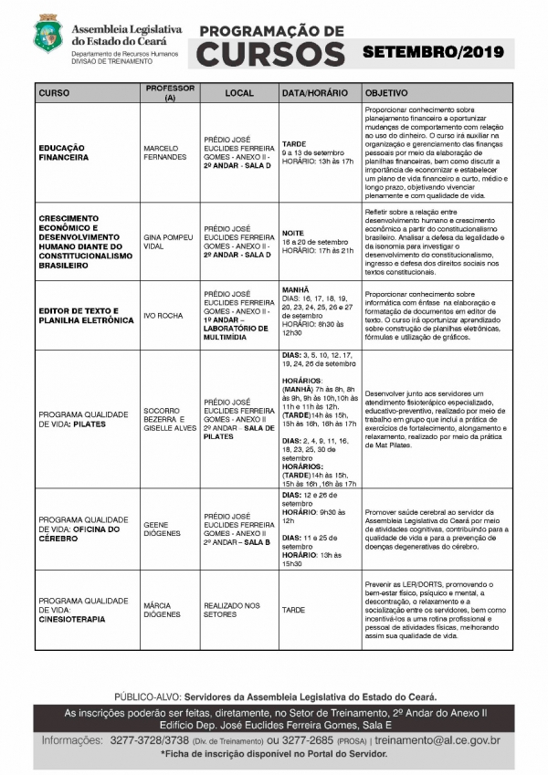 Relação de cursos oferecidos pelo DRH da Assembleia Legislativa