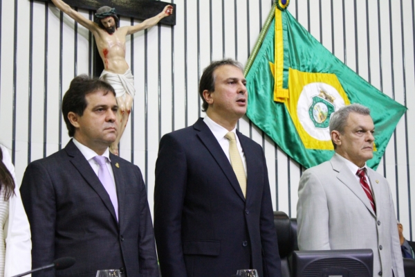 Deputado Evandro Leitão, governador Camilo Santana e presidente da Assembleia Legislativa, José Sarto