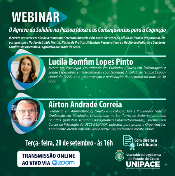 Lucila Bomfim e Airton Andrade Correia serão os palestrantes do Webinar