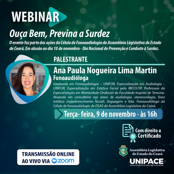 Webinar será realizado em referência ao Dia Nacional de combate e Prevenção à Surdez, que transcorre nesta quarta-feira (10/11)