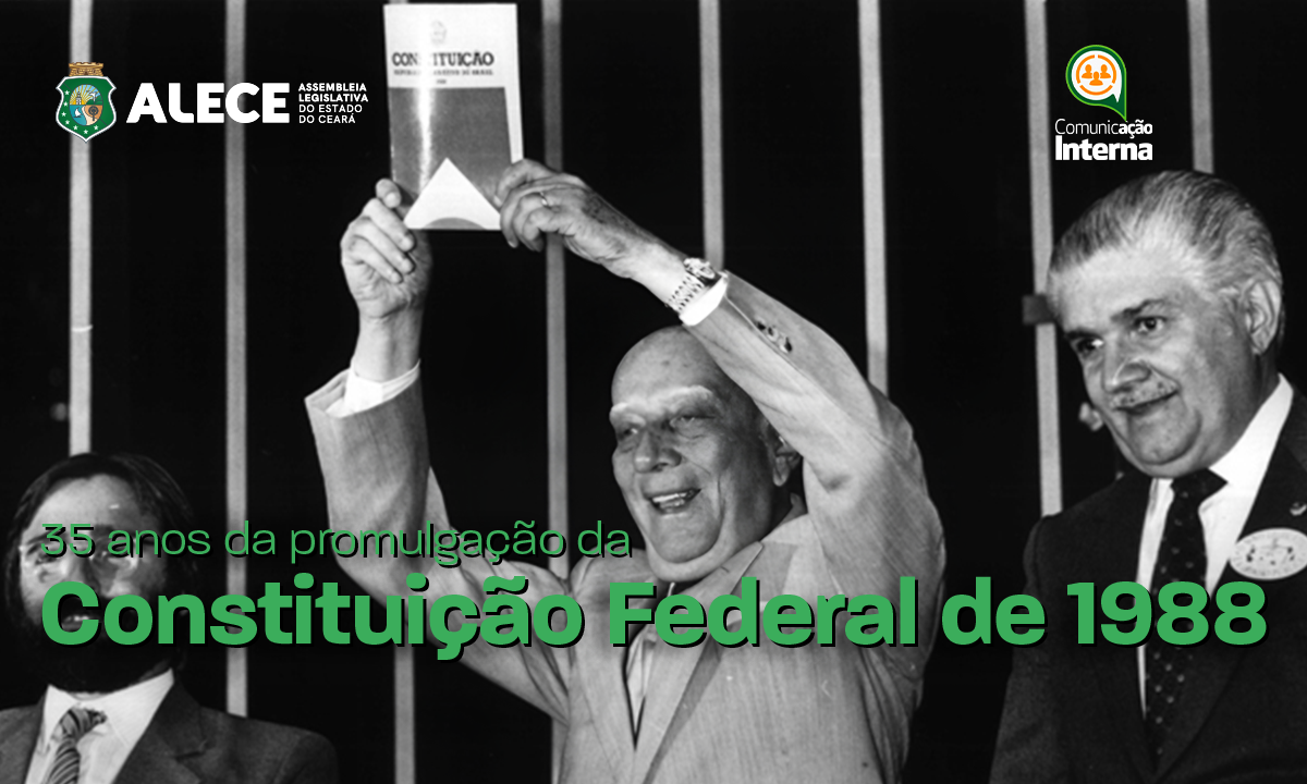 Ulysses Guimarães (centro) e Mauro Benevides (à direita) durante a promulgação da Constituição